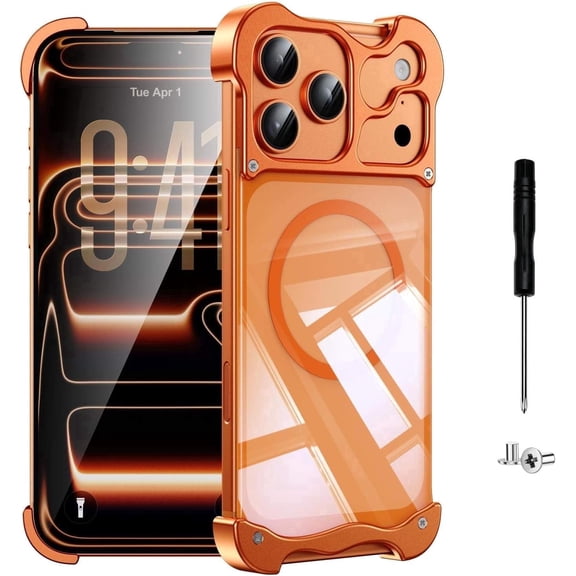 YOOVEI for iPhone 17 Pro Max Case Aluminum Frameless Detachable Corner Phone Case, Slim Shockproof Bumper with Camera Protection, Orange