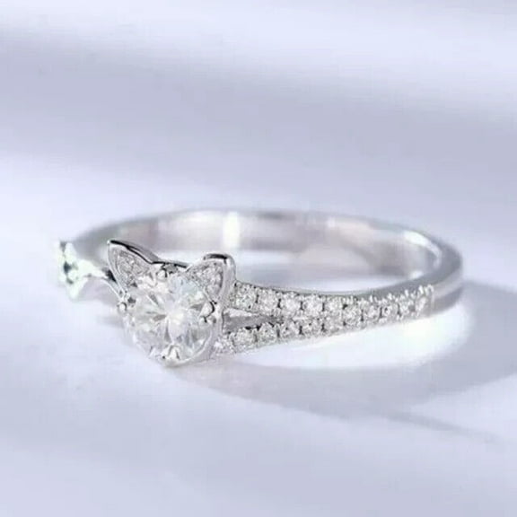 2.0Ct Round Cut Simulated Diamond Women's Cat Shape Ring 14K White Gold Finish For Her Silver