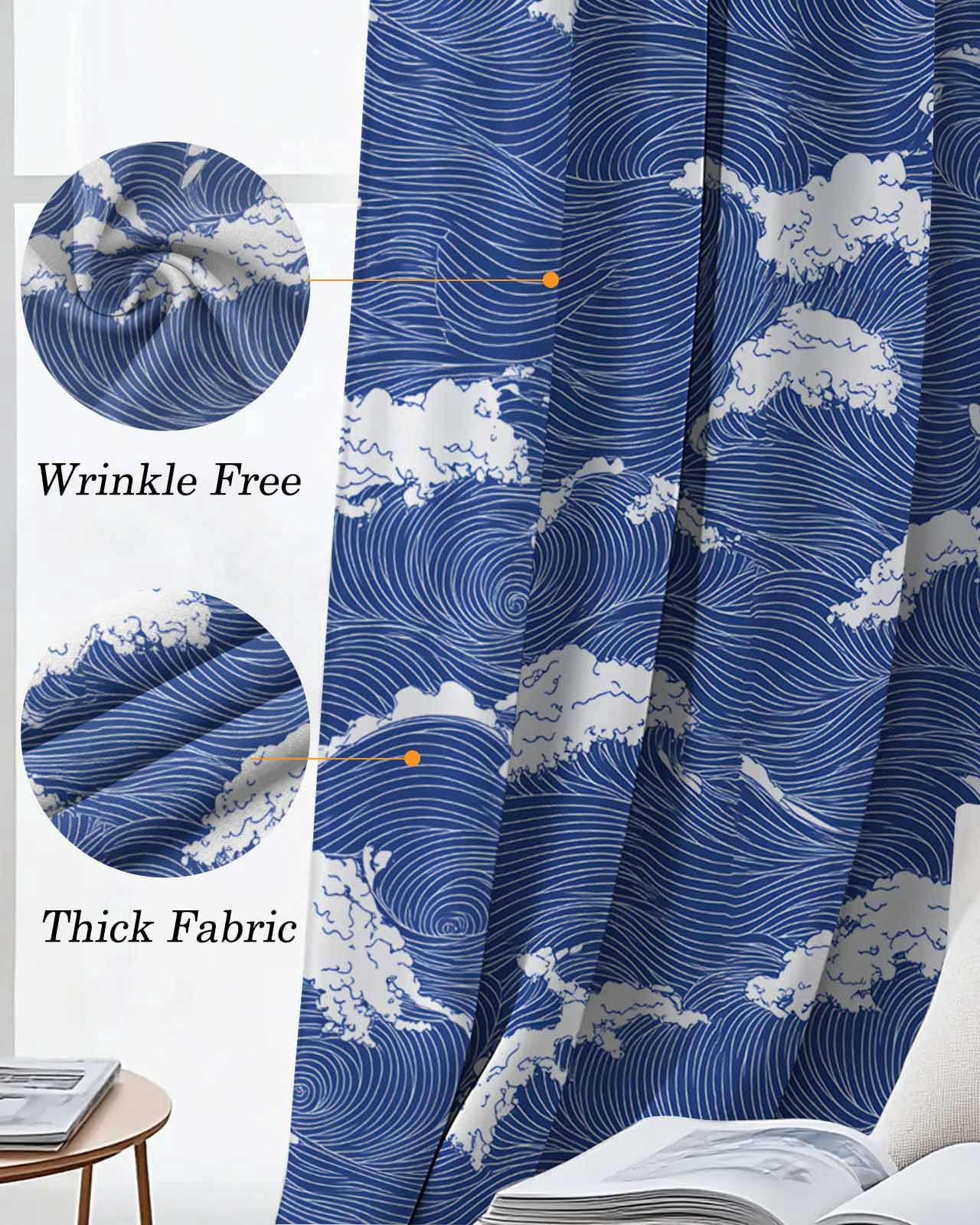 Modern Blackout Curtains for Bedroom Living Room, Ocean Blue Wavy Lines 39 In Long Thermal Insulated Room Darkening Drapes Grommet Window Treatments, 27.5 x 39 In