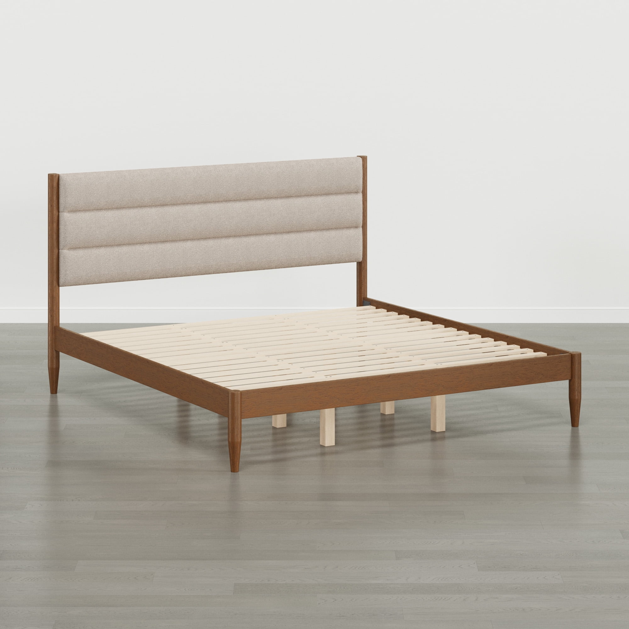Spruce & Spring Farmhouse King Upholstered Bed Frame, Solid Rubberwood Frame, Oatmeal Boucle Headboard, Noise-Free, No Box Spring Required, Walnut & Oat