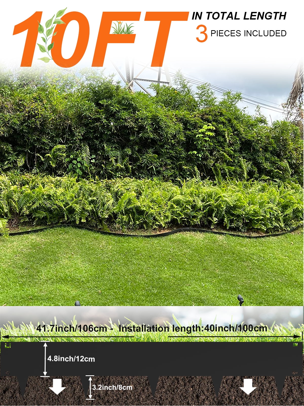 Vinci Landscape Edging Border, 40" L x 8" H 3Pack 10FT Total Black Galvanized Steel Garden Edging,Easy Installation,Sturdy Elegant Metal Lawn Broder for Flower Beds, Pathways, Paver Edges and Yard