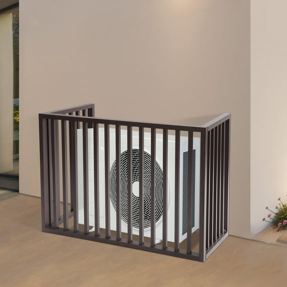 3-Panel AC Fence, 39.37x19.68x27.55in Coffee Aluminum Alloy, Welded Weather-Resistant Frame, Spaced Slat Ventilation, Child/Pet Safety Barrier, for Decks/Patios/Backyards