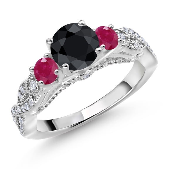 Gem Stone King 925 Sterling Silver Black Sapphire Red Ruby and White Moissanite Engagement Ring for Women (1.73 Cttw, Gemstone September Birthstone, Round 6MM and 3MM, Size 6)