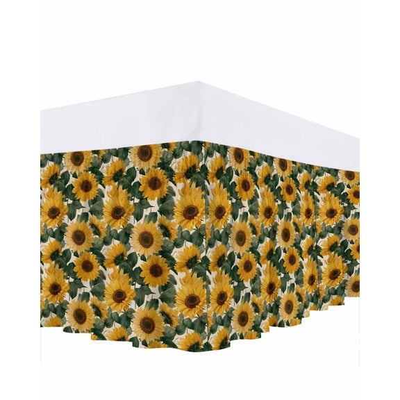 SunFlower Bed Skirt King Size 18 Inch Drop, Watercolor Yellow Sunflower Floral Leaf Linen Texture Adjustable Elastic Dust Ruffles Bedskirt for King Bed Wrap Around Pleated Mattress Frame Cover