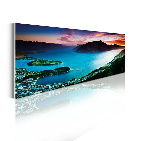Landscape Acrylic Glass Wall Art, Panoramic New Zealand Outdoorsy Queenstown Wakatipu Lake Forest, Panoramic Decor Living Room Bedroom & Dorms, 47" x 16", Sea Blue and Burnt Sienna, by Ambesonne