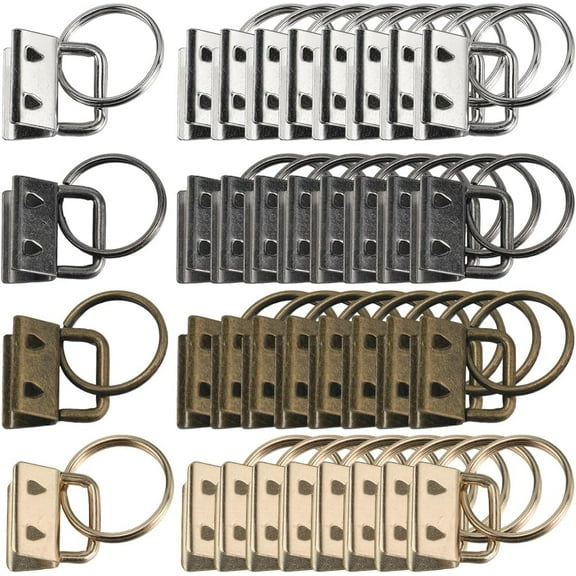 40Pcs 4 Colors Key Fob Hardware Bulk Wristlet Clasp Hardware Iron 1 Inch Colorful Ribbon Ends with Split Rings Metal Keychain Sets for Key Fob Wristlets Lanyards Bags DIY Making Accessories