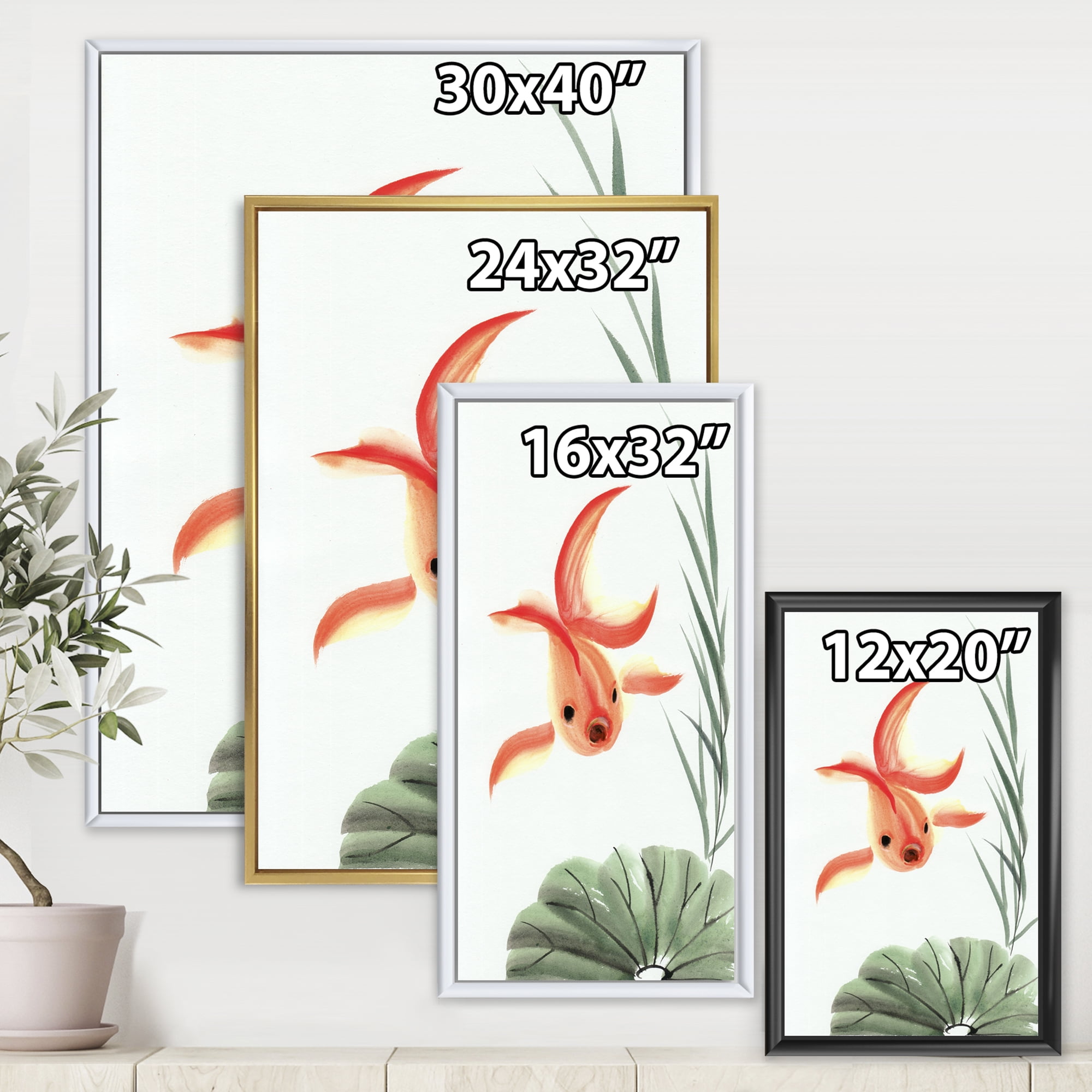 Ancient Goldfish and The Lotus Leaf 30 in x 40 in Framed Painting Canvas Art Print, by Designart