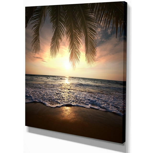 Designart - Tropical Beach with Palm Leaves - Seashore Canvas Art Print