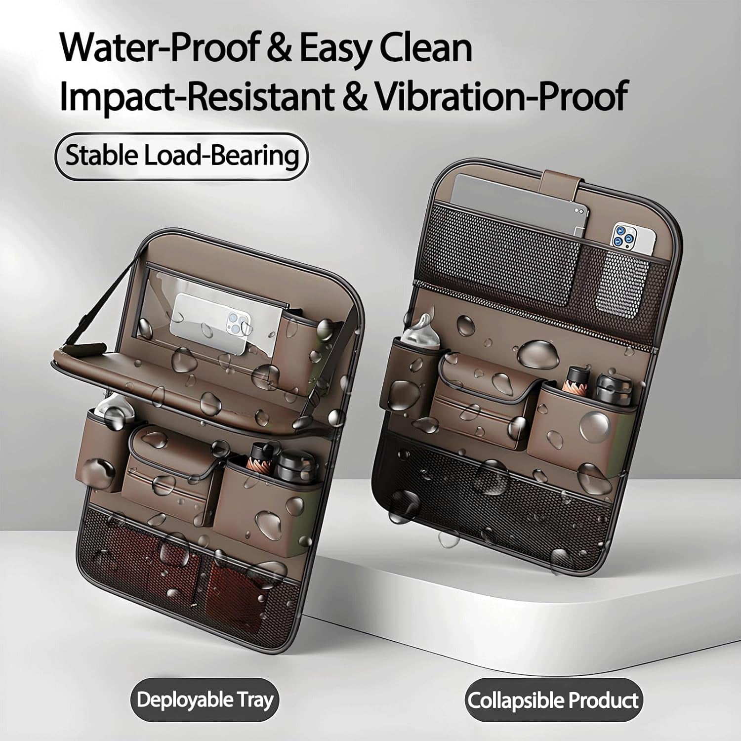 2 Pack Universal Foldable Car Backseat Organizer with Table Tray, Car Seat Back Protector with Touch Screen Phone Holder, Premium Leather Kick Mats with Storage Pockets Tissue Holder (Brown)