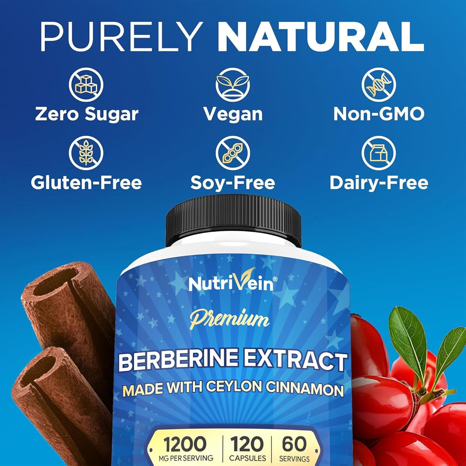 Nutrivein Premium Berberine HCL 1200mg Plus Organic Ceylon