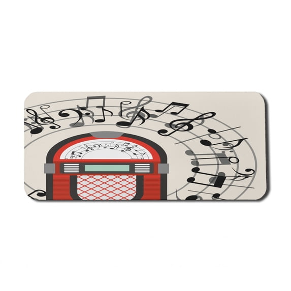 Jukebox Computer Mouse Pad, Cartoon Antique Old Vintage Radio Music Box Party Notes Artwork, Rectangle Non-Slip Rubber Mousepad X-Large, 35" x 15" Gaming Size, Red Black Grey, by Ambesonne