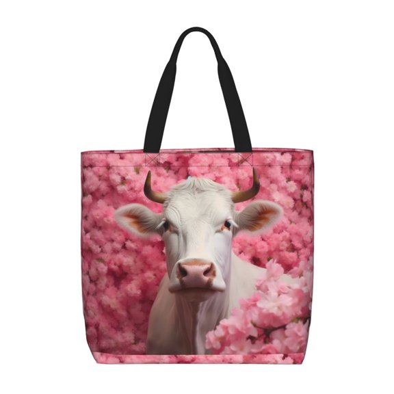 Picia Flower White Cow for Tote Bag for Women with Zipper, Gym Tote with Compartments, Laptop Work Tote Nurse Dance Yoga Bag for Sport, Travel