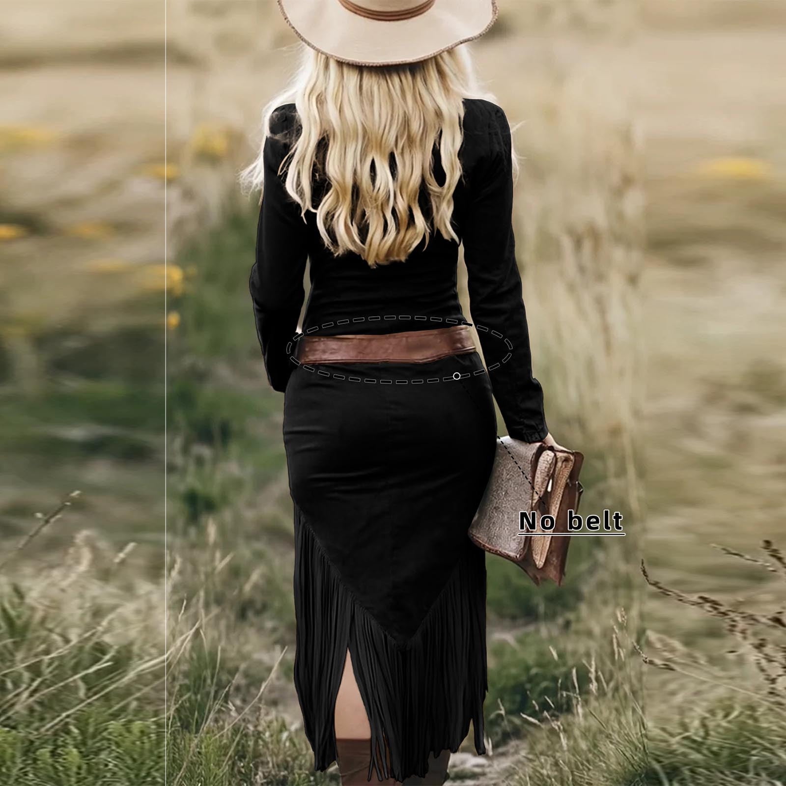 Hueook Black Western Dress Trendy Women's Solid Color Long Sleeved Lapel Turndown Collar Tassel Zipper Western Style Dress Casual Wear Dresses Black L