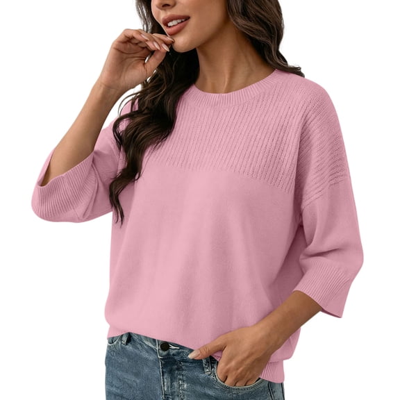 Tops for Women 3/4 Sleeve Round Neck Women Casual Solid Color Knitted Sweater Top