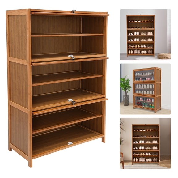 6-Tier Home Shoe Storage Cabinet Shoe Organizer Storage Cabinet w/ 3 Flip-up Door 32" Entryway Bamboo