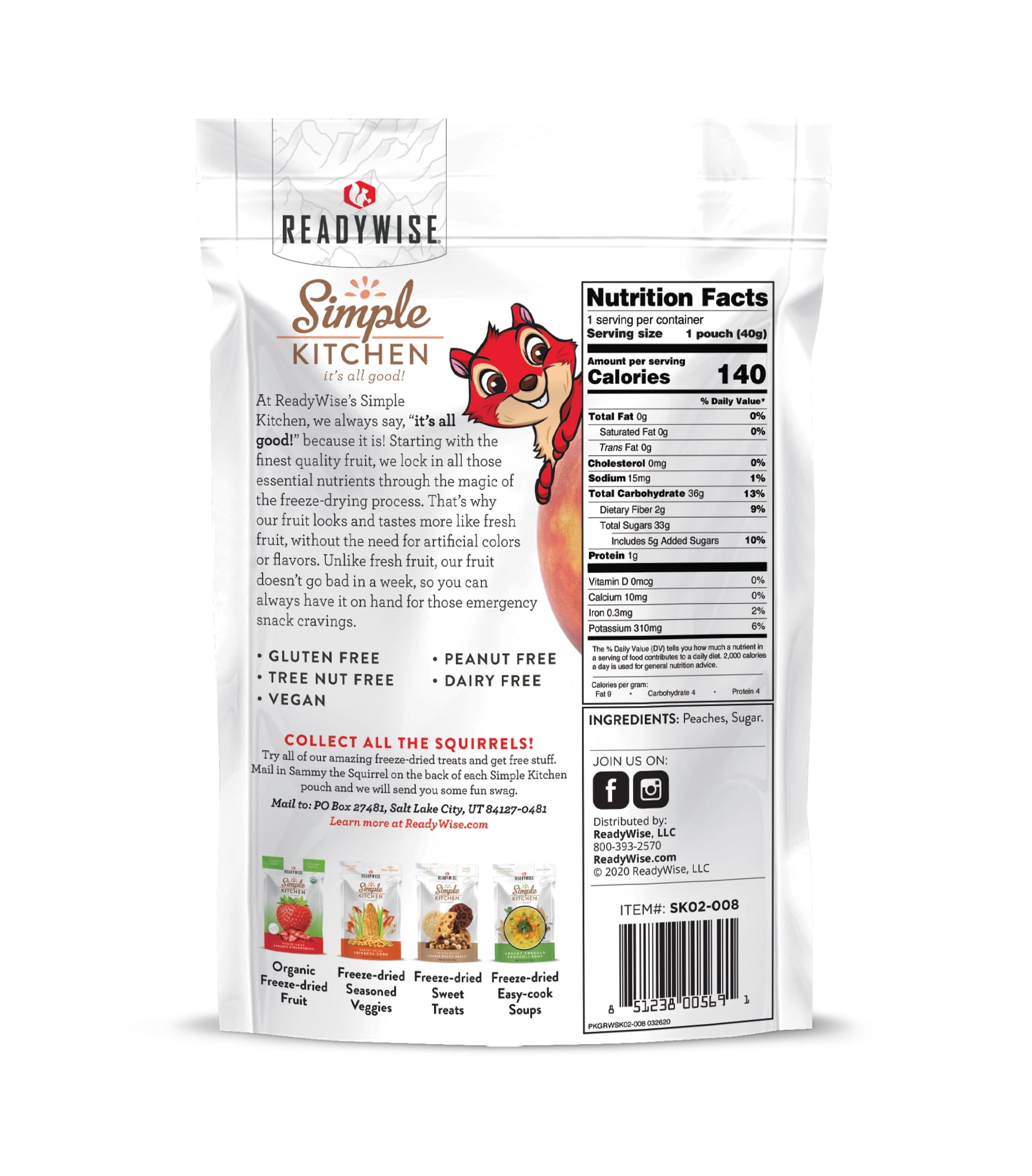 ReadyWise Simple Kitchen Freeze-Dried Peaches, 1.4 ounces per Pouch - 6 Pack Case
