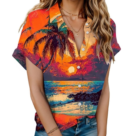 Women's Button Down Collared Dressy Casual Tops Fashion Short Sleeve Loose Fit Flowy Tunic Tops Hawaii Shirts for Travel Sunset Print Blouse for Beach Vintage Summer Clothes Orange T Shirts S