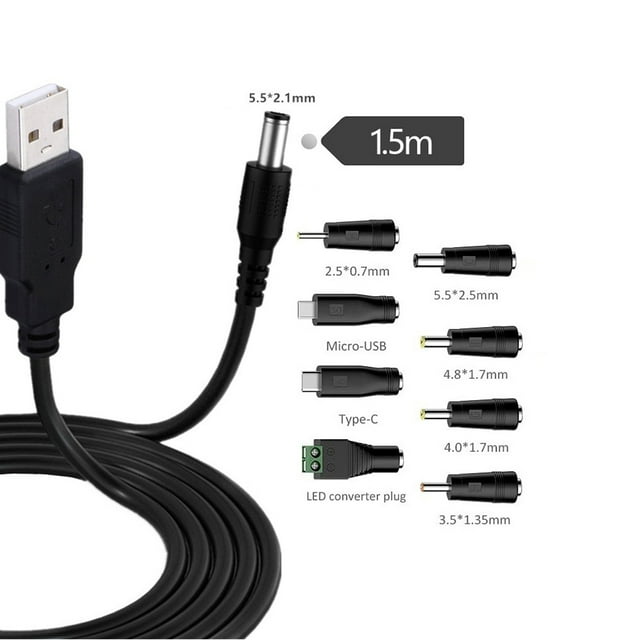 Cordon d'Alimentation Universel 5V USB, Câble d'Alimentation USB vers DC avec 8 types de Connecteurs, Incluant 5,5x2,1 mm, Type-C, Micro-USB et Autres Tailles. le Câble Noir Mesure 1,5 m (5 Pi) de long et Est compatible avec Divers Appareils 5V comme les Téléphones Android, les Tablettes, les Banques d'Alimentation, les Jouets et Plus. Comprend 8 Prises Interchangeables pour des options de Charge Polyvalentes.