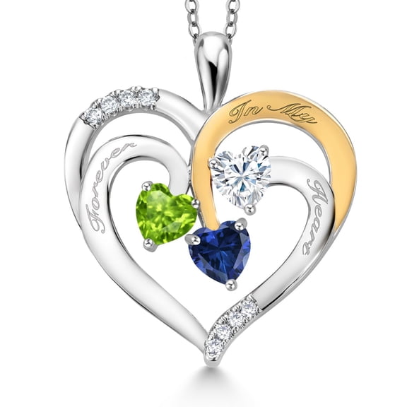 Gem Stone King Two Tone Green Peridot White Moissanite Blue Created Sapphire `Forever in My Heart` Engraved Pendant Necklace for Women (1.42 cttw, Heart Shape 5MM, 18 inch Chain)