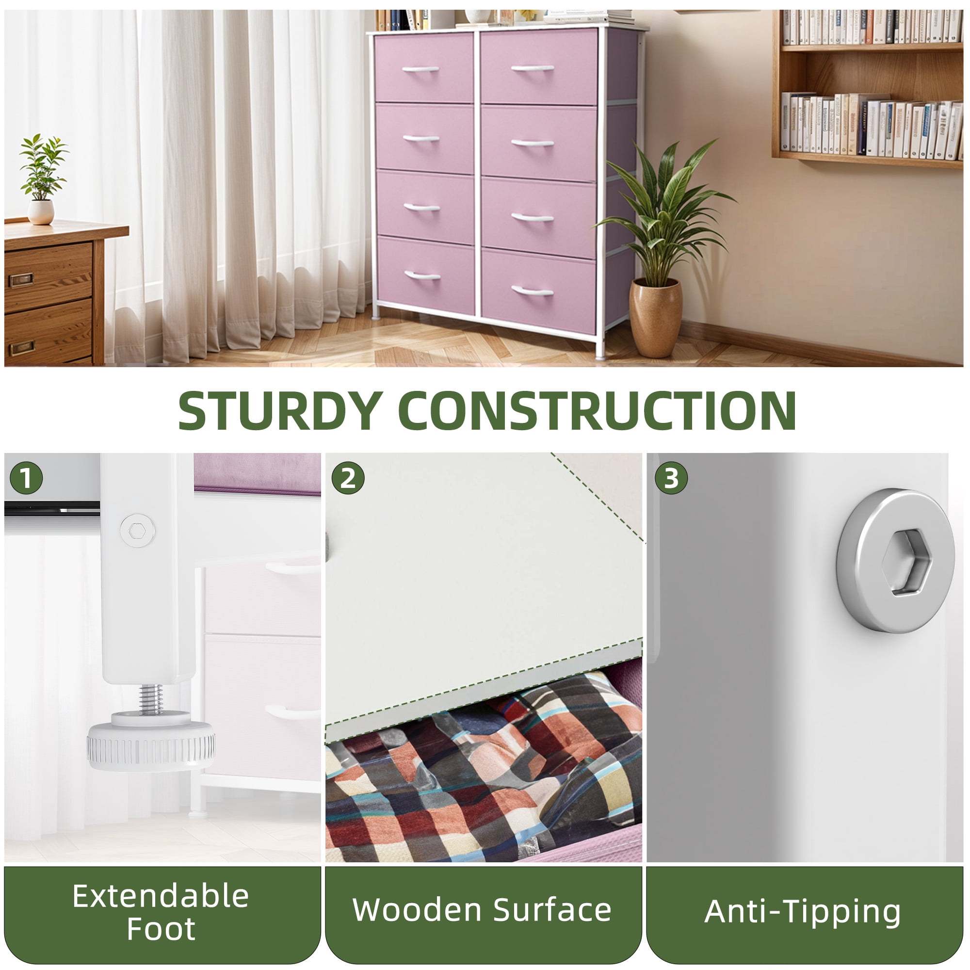 Uforic 8 Drawers Dresser Chest of Drawers for Fabric Storage Dressers for Living Room Pink