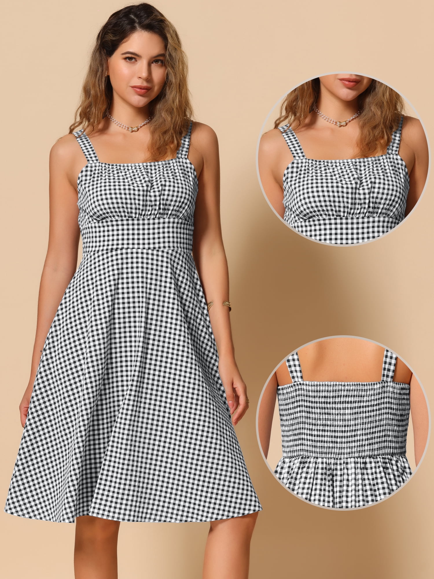 DARING DIVA Sleeveless Plaid Ruched A-Line Flowy Midi Dress S Black