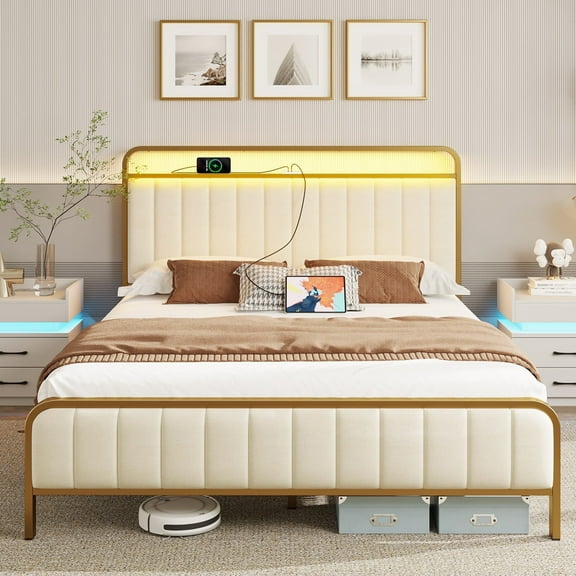 Greenstell Queen Size Bed Frame with Charging Station and LED Lights, Upholstered Velvet Bed with Headboard Footboard