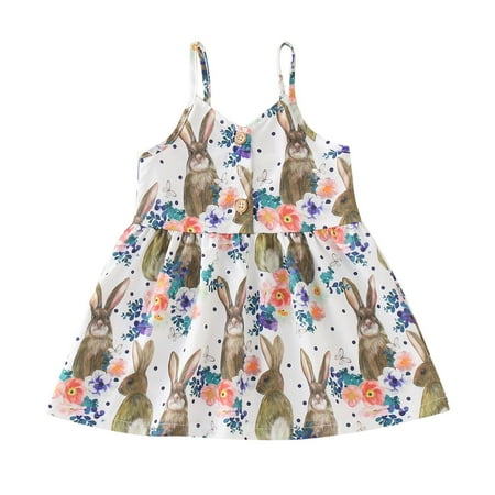 

AIMAOMI Girls Child Sleeveless Easter Flowers Rabbit Prints Buttons Suspenders Dresses Princess Dress H