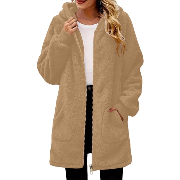 QIYAGBSA Sherpa Fleece Jackets for Women Hooded Full Zip Fuzzy Plush Long Sleeve Mid Length Coats with Patch Pockets Fall Winter Warm Outerwear