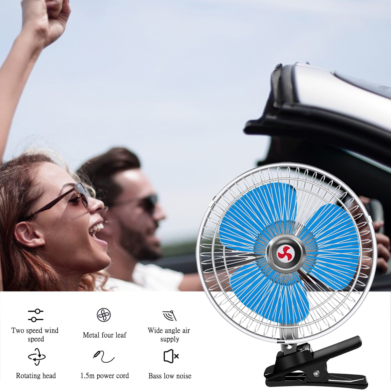 12V Clip-On Car Fan with Strong Wind & Low Noise, Large Angle Adjustable Universal Cooling Fan, Thickened Stable Clip Portable Fan for Car SUV RV Truck Home Camping