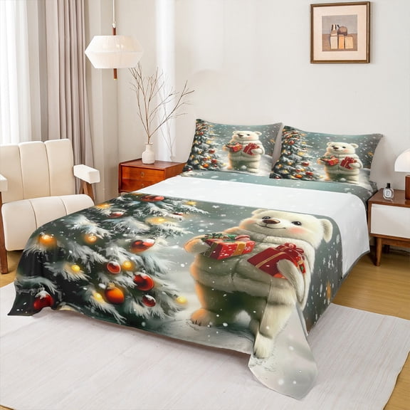 Castle Fairy Cartoon White Bear Twin Sheet Sets 3pcs for Boys Girls,Happy New Year Twin Fitted Sheet Microfiber,Merry Christmas Breathable Flat Sheet,Ultra Soft Home Decor