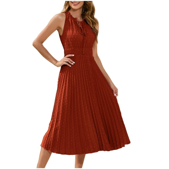 Lmnyox Women's Sleeveless Midi Dress Flare Crew Neck High Waist Dress Summer Pleated Print Dress