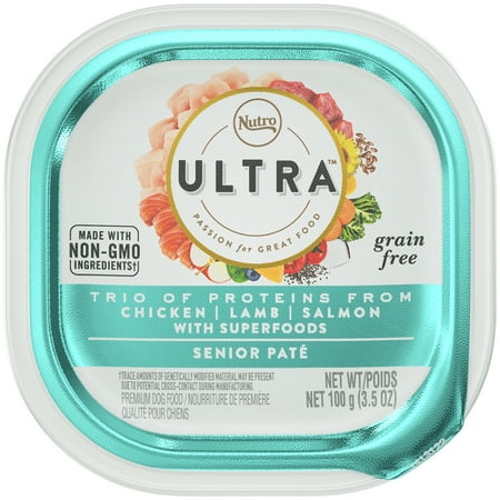 (Best by 07/30/2025) NUTRO ULTRA Grain Free Senior Soft Wet Dog Food Paté Trio of Proteins from Chicken  Lamb  and Salmon with Superfoods  (24) 3.5 oz. Trays