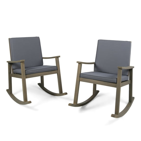 GDF Studio Aeney Outdoor Acacia Wood Rocking Chairs, Set of 2, Gray with Dark Gray Cushion