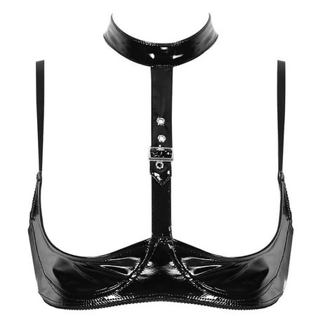 Yuhangmm High Gloss Leather Sexy Neck Bra Leather Bra Adjustable Strap Underwear Sexy Rhinestone Lingerie Set for Women
