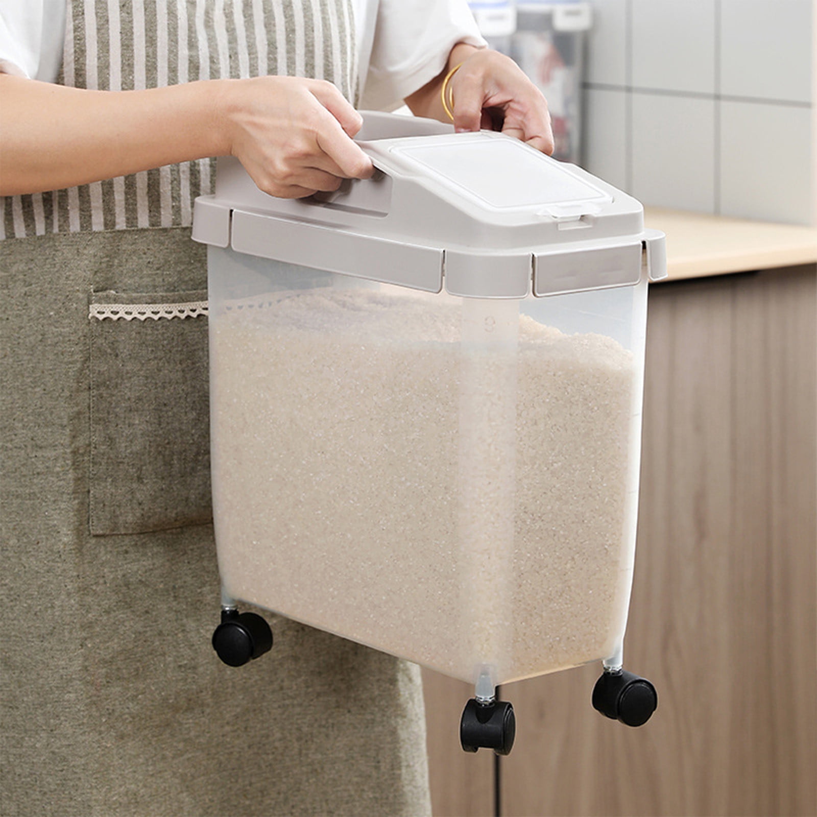 Bdday Kitchen Storage Large Airtight 20lb Rice Container, Food Storage Cereal Container, Pet Dog Food Container with Wheels + Measuring Cup, Flour Grain Container for Household Dorm Room Storage