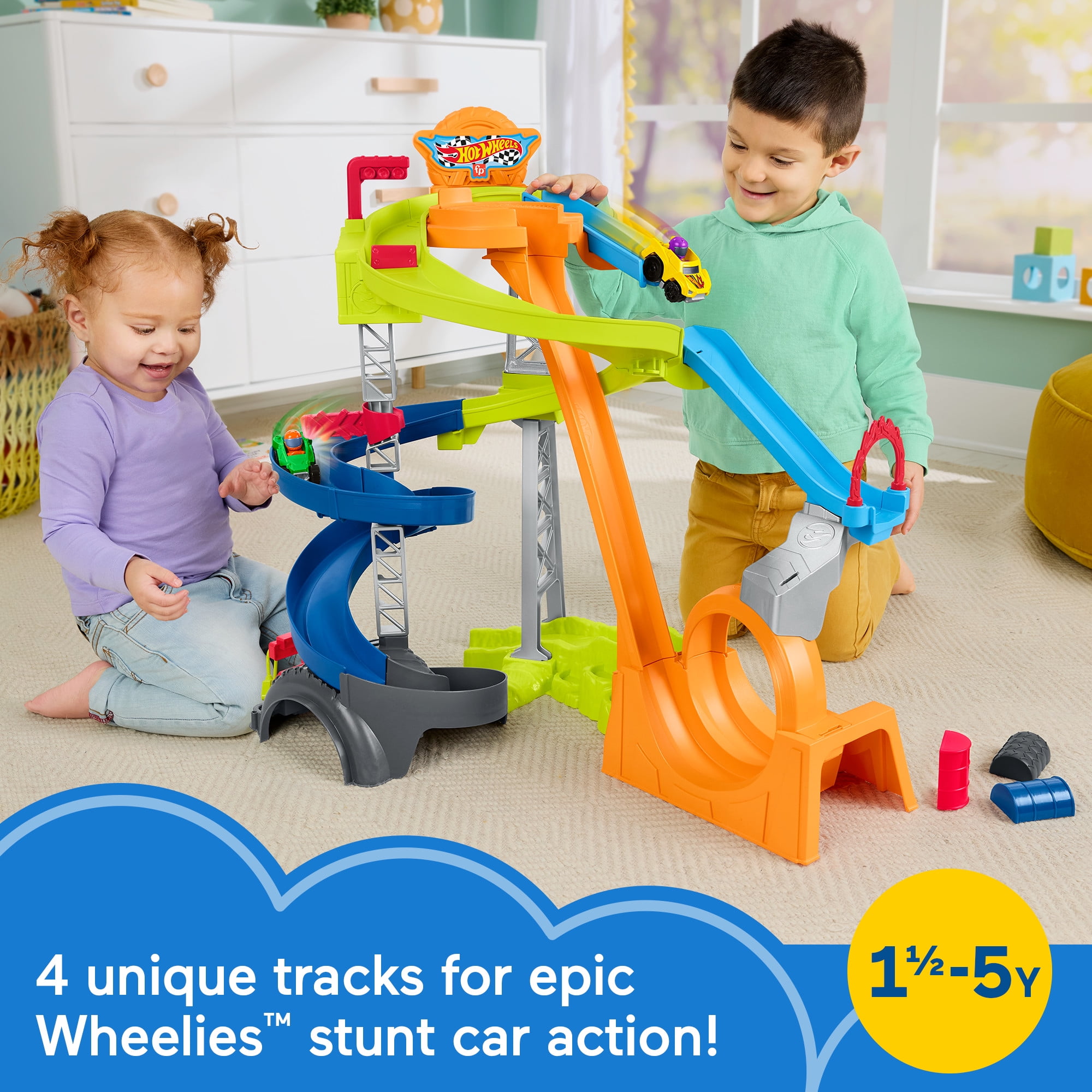 Little People Hot Wheels Spiral Stunt Speedway Toddler Race Track Playset, 2 Toy Cars  (图3) Little People Hot Wheels Spiral Stunt Speedway Toddler Race Track Playset, 2 Toy Cars  (图3)