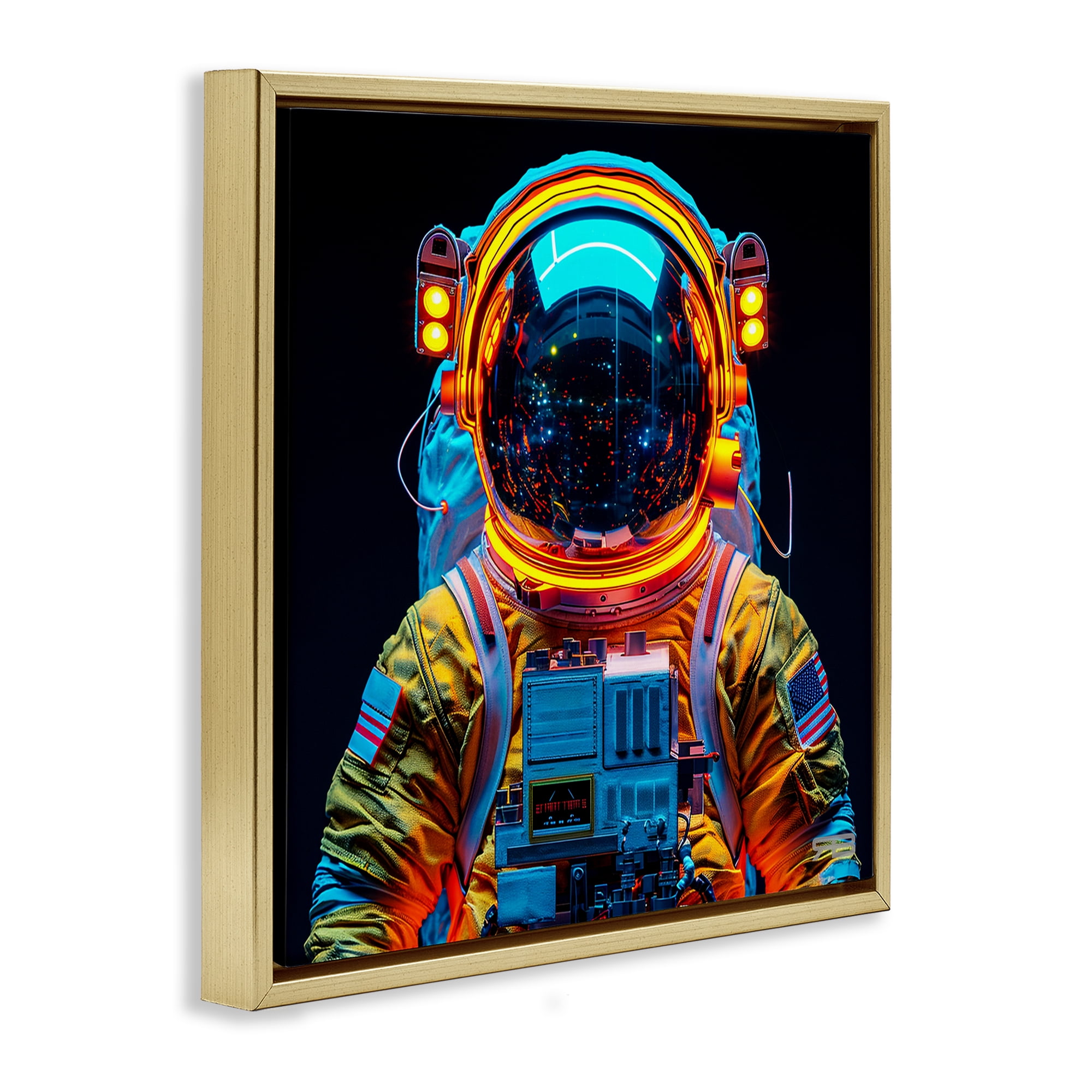 Stupell Industries Astronaut with Reflective Helmet Astrology & Stars Painting Gold Floater Framed Canvas Art Print Wall Art, 18 x 18
