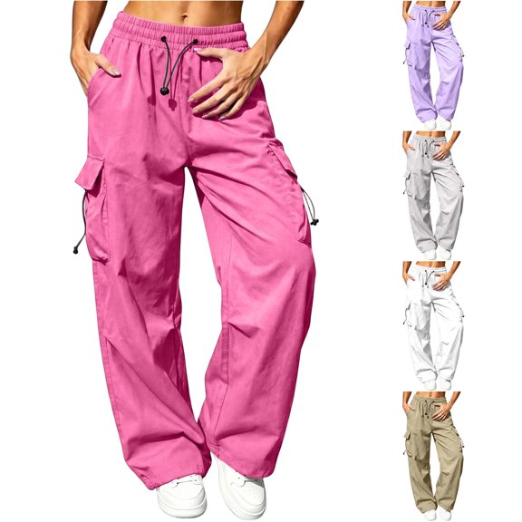 Rhuody Women Pants Wide Leg Loose Fit Elastic Waist Solid Color Trousers With Pocket Fashion Wear 2Xl Red
