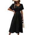 thumbnail image 4 of Women Casual Midi Maxi Dresses Polka Dot Print Short Sleeve V Neck Elastic Waist Boho Beach Dress Black XL, 4 of 9