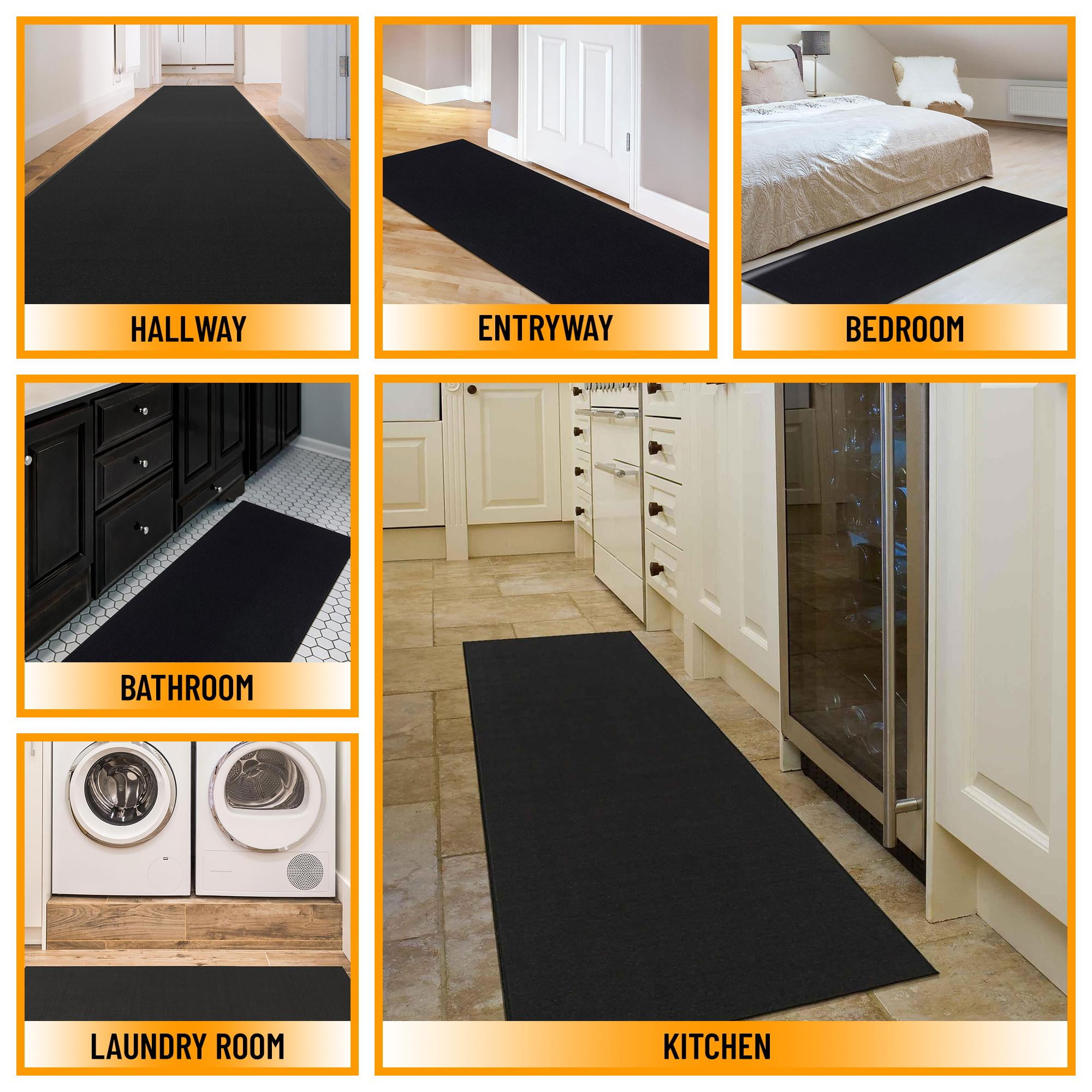 Sweet Home Stores Non-Slip Rubberback Solid 2x5 Runner Rug, 20" x 59", Black