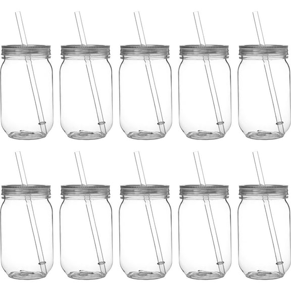 Plastic Mason Jars with Straw Set 24 oz. Set of 10, Bulk Pack - Jars for Smoothies, Iced Coffee, Soda and Other Beverages - Clear
