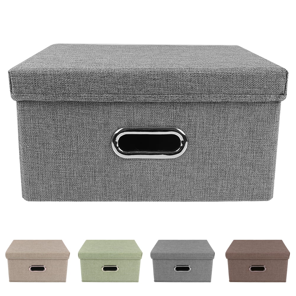 Lucky Monet 2 Pack Linen Fabric Foldable Storage Bin Set Collapsible Storage Box Cube Closet Organizer with Lid & Faux Leather Handle 15”x10”x10” Grey
