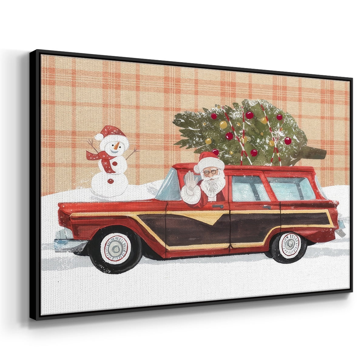Santa on Wheels I - Framed Gallery Wrapped Holiday Canvas - 17 x 25 - Black Frame
