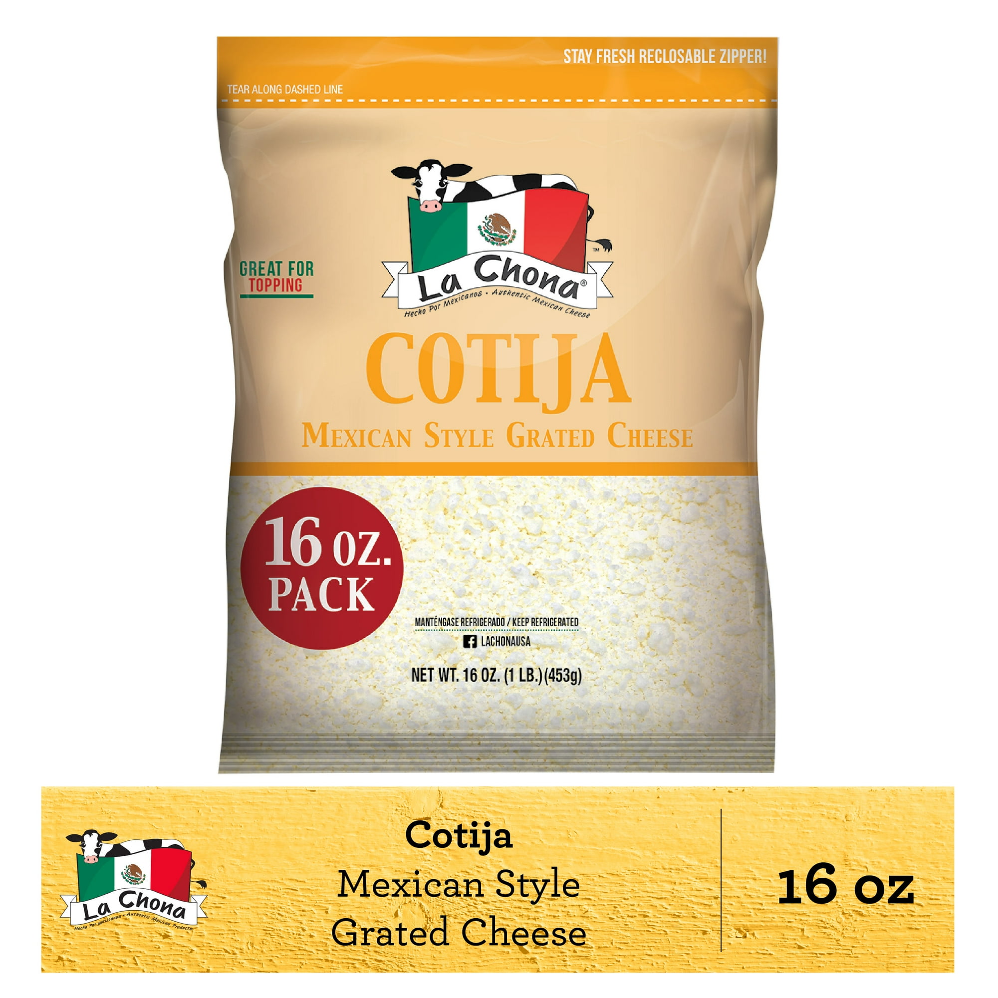 La Chona Cotija Mexican Style Grated Cheese 16 oz. Bag, Refrigerated.