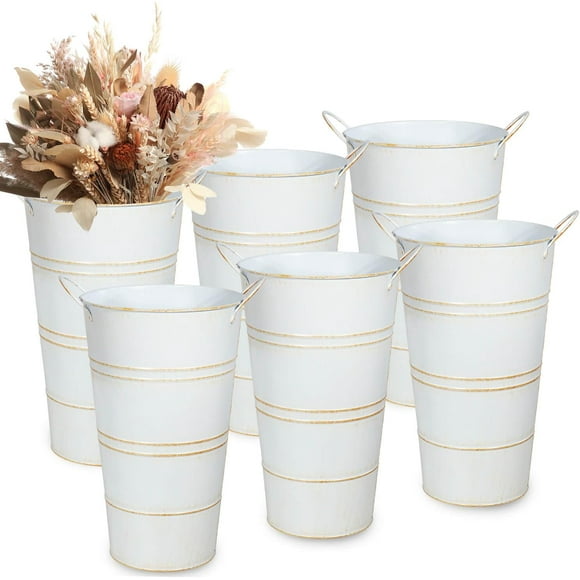 Vases en Métal Galvanisé de 12 Pouces pour Fleurs - 6 Pcs Seau à Fleurs Haut Décoratif Style Ferme avec Poignées, Seaux Jardinières Rustiques en Tôle pour Déco de Mariage (Blanc)