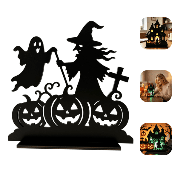 Halloween Wooden Haunted House Witch Tabletop Decor, Freestanding Spooky Wooden Silhouette, Decorated with Pumpkin Lantern & Black Cat, Ideal Home Ornament for Halloween Indoor Decor & Gift D
