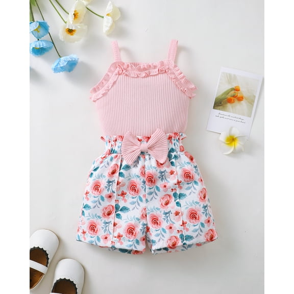 KIMI BEAR 12 Months Infant Baby Girls Summer Outfit Set 18 Months Child Girl Clothes Sleeveless Solid Color Halter Top Bowknot Floral Shorts 2pcs Clothing Light Pink