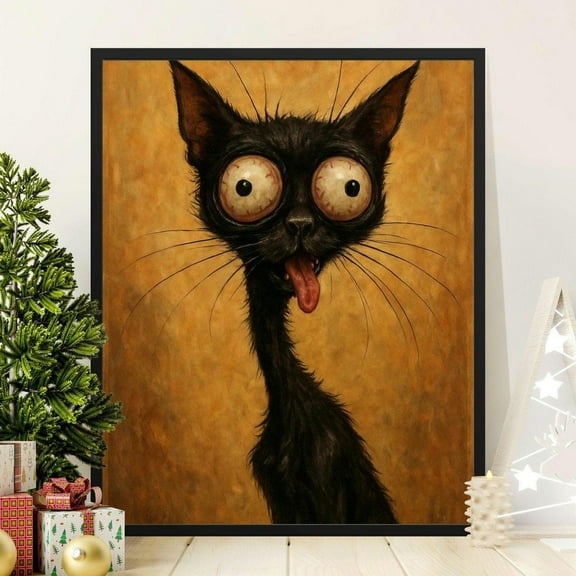 Whimsical Black Cat Posters, Funny Cat Art Print, Goofy Tongue Out Kitten Decor, Whimsical Crazy Eyes Pet Illustration Wall Art, Gift Idea, 8x12