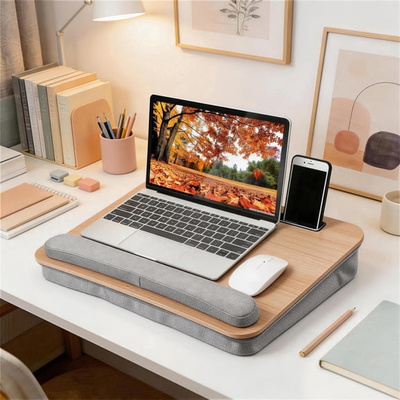 Coliware Lap Desk with Pillow Cushion, Portable Laptop Desk with Anti-Slip Strip Wrist Rest & Storage Function Fits Up to 15.6” Laptops, Laptop Stand for Home Office, Wood Grain Book Tablet