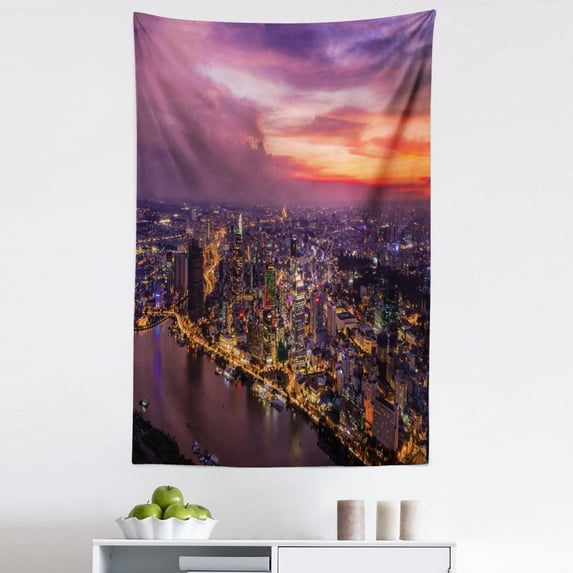 Vietnam Tapestry, Unrelenting Pace Nightlife in the City High Buildings Towards Sky, Fabric Wall Hanging Decor for Bedroom Living Room Dorm, 5 Sizes, Mauve Taupe and Multicolor, by Ambesonne